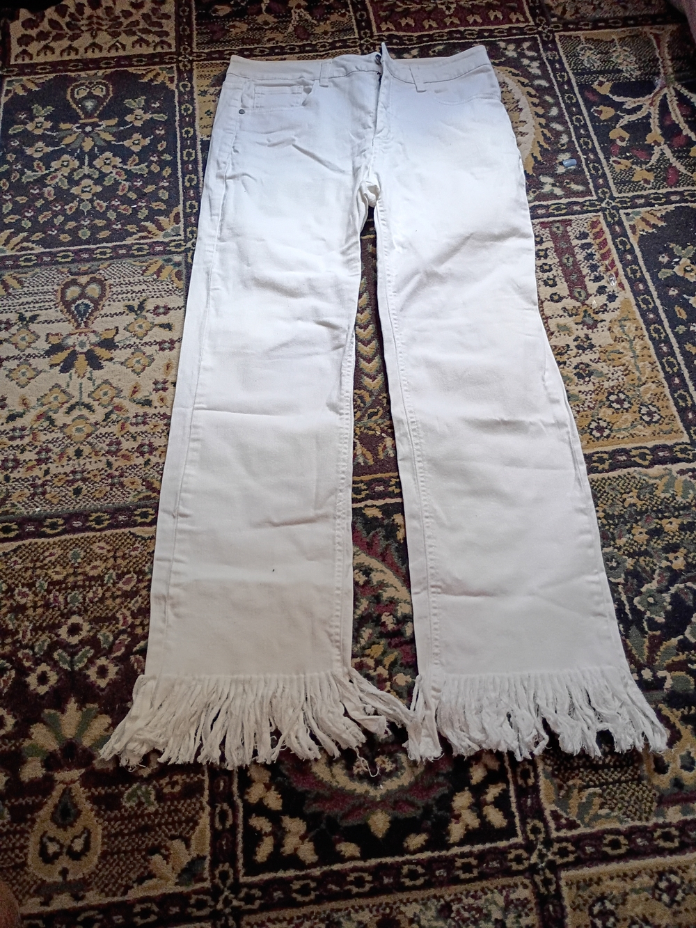 White Fringe-Hem Jeans